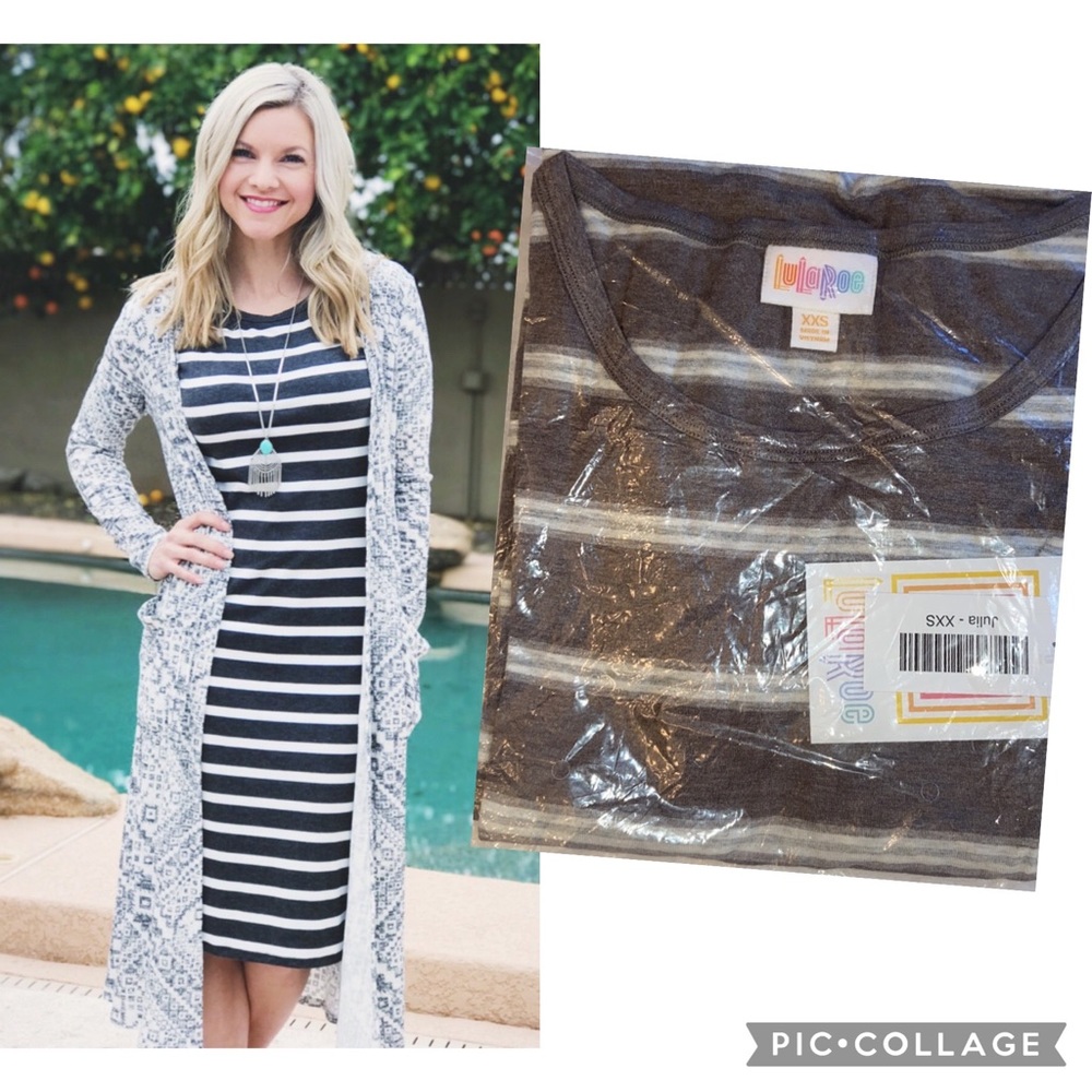 LULAROE Julia Bodycon Midi Dress XXS Gray Brown Stripe Short Elbow Sleeve NEW!